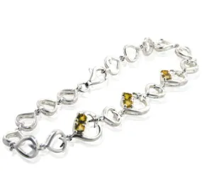 Genuine Citrine and Linked Hearts Sterling Silver Bracelet 7"