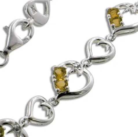 Genuine Citrine and Linked Hearts Sterling Silver Bracelet 7"
